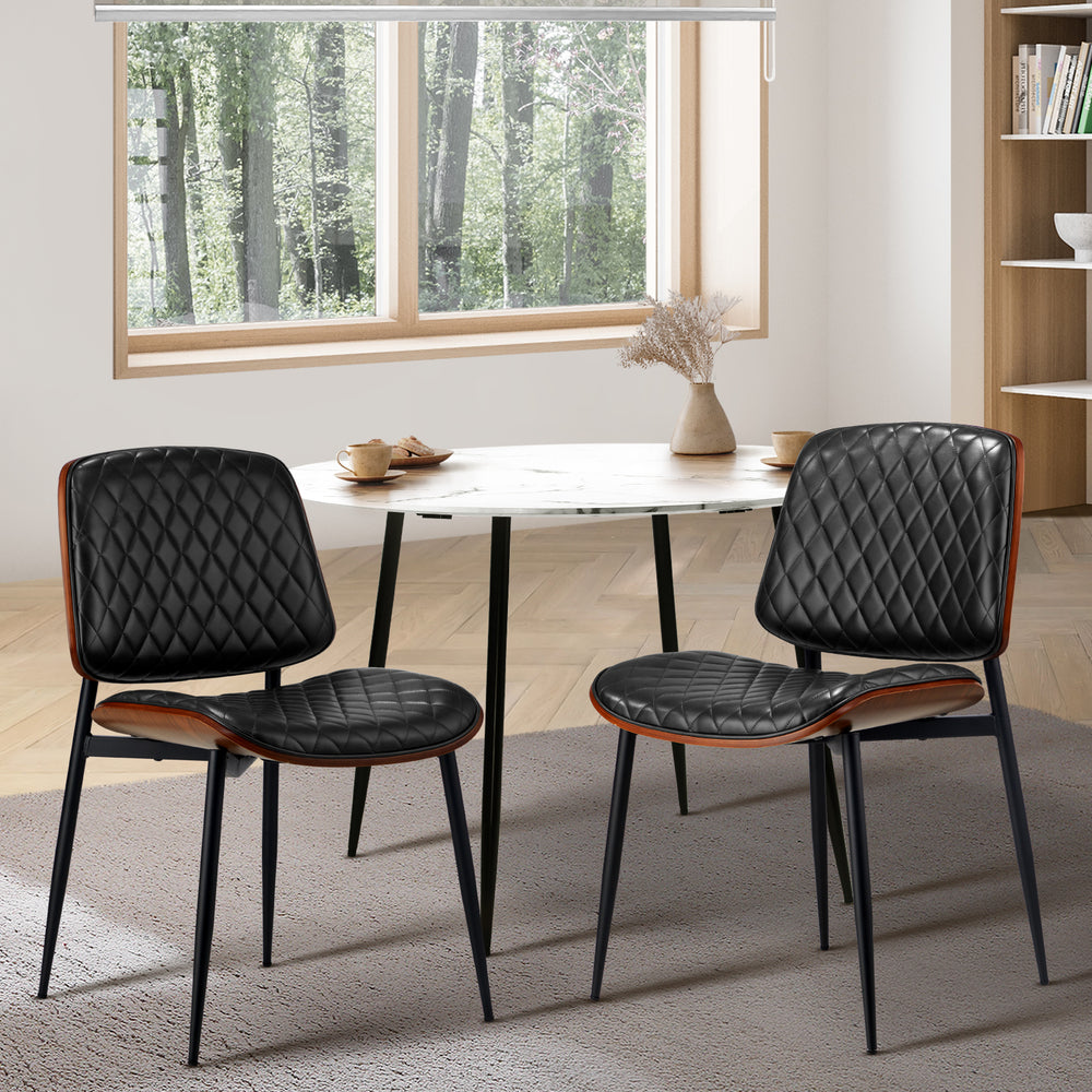 2x Dining Chairs Leather Seat Metal Legs Black/Walnut