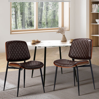 2x Dining Chairs Leather Seat Metal Legs Black/Walnut
