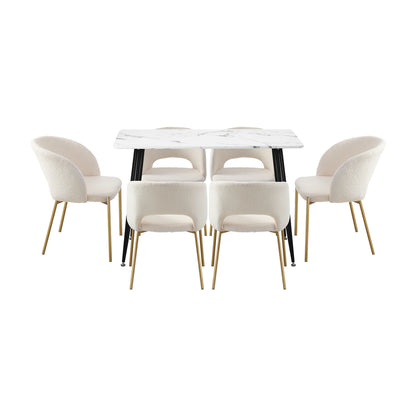 120cm Rectangle Dining Table with 6 Grey & Gold Fabric Chairs for Dining Room