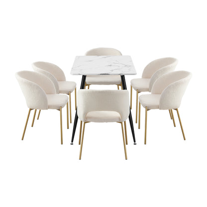 120cm Rectangle Dining Table with 6 Grey & Gold Fabric Chairs for Dining Room