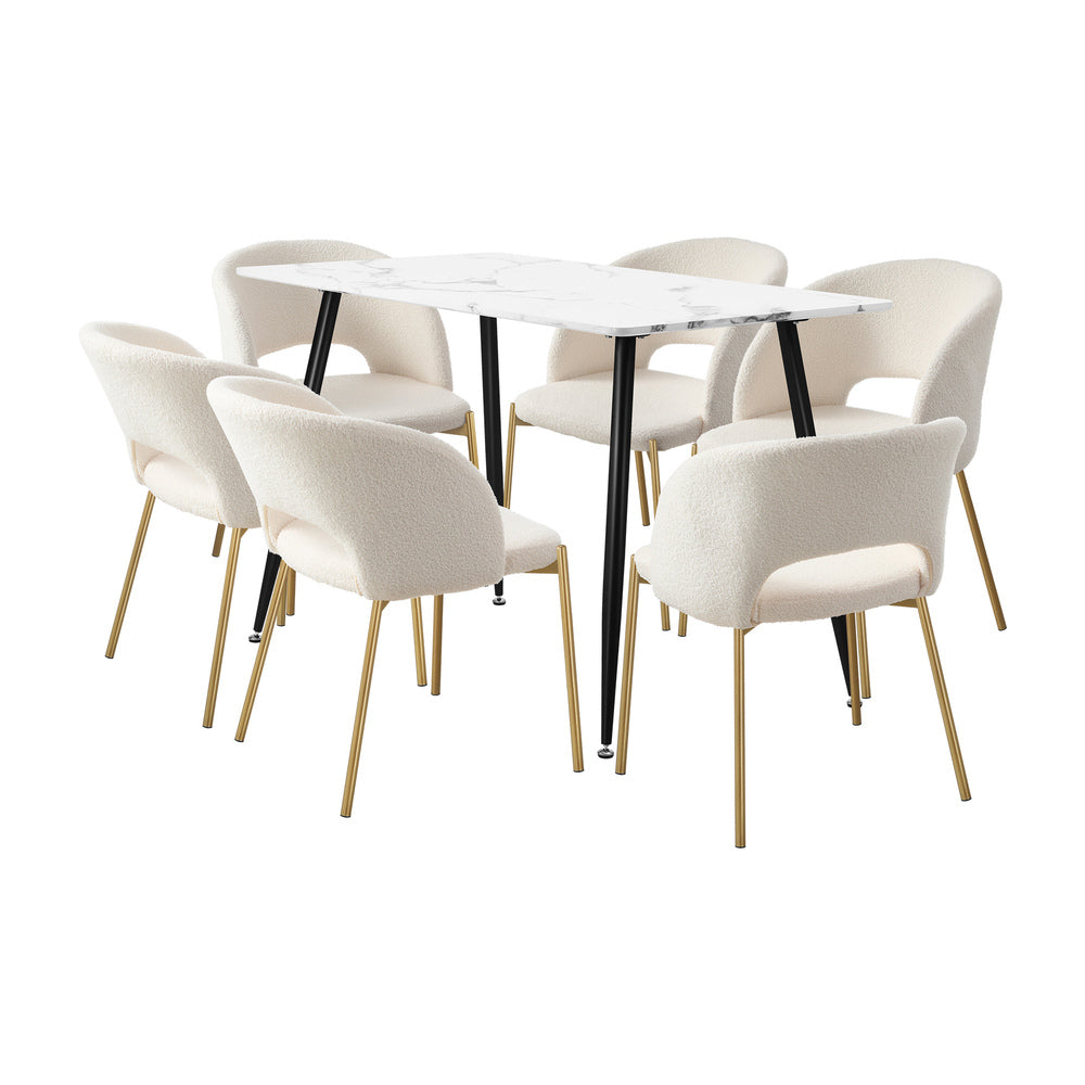 120cm Rectangle Dining Table with 6 Grey & Gold Fabric Chairs for Dining Room