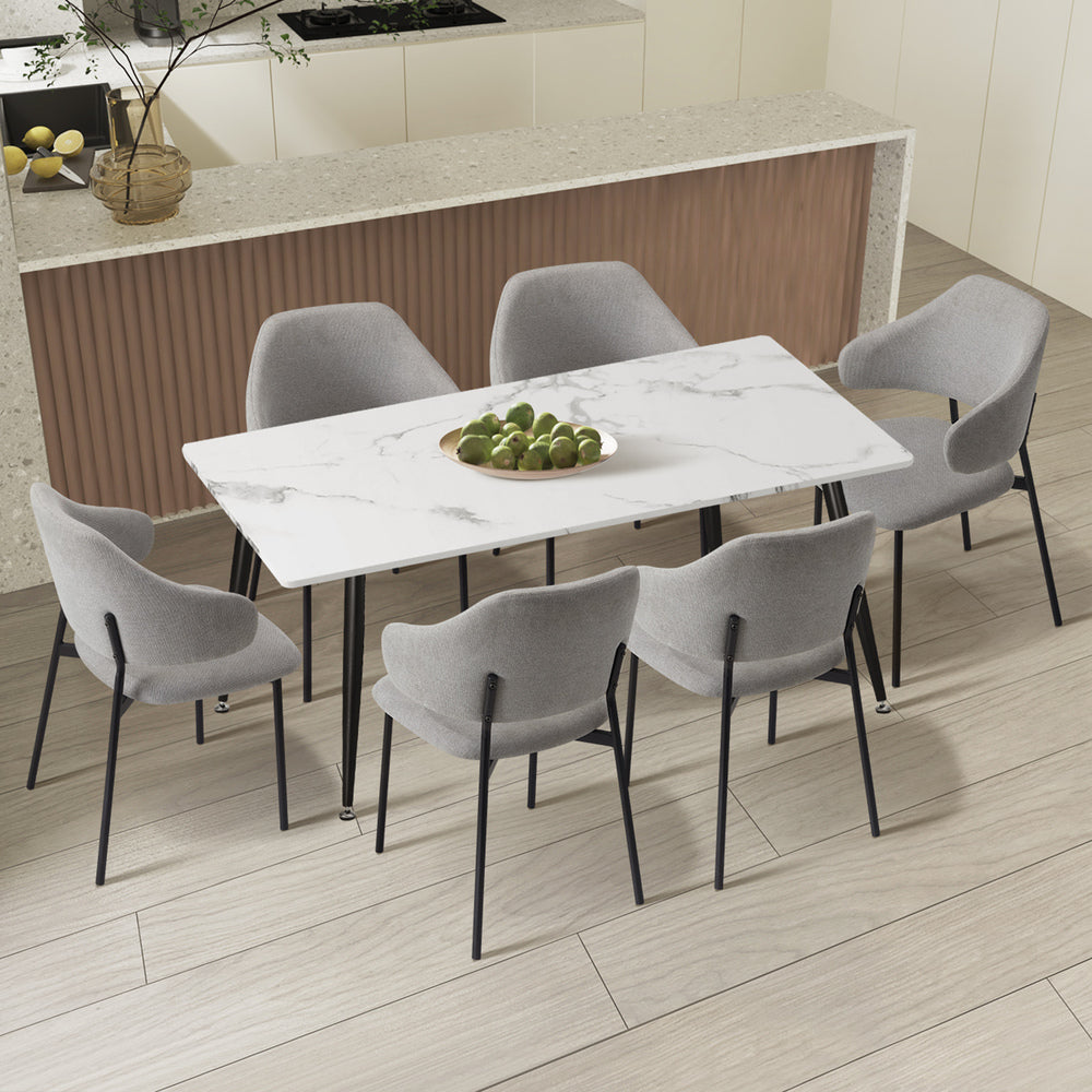 120cm Rectangle Dining Table Set with 6 Sherpa White & Grey Chairs for Dining