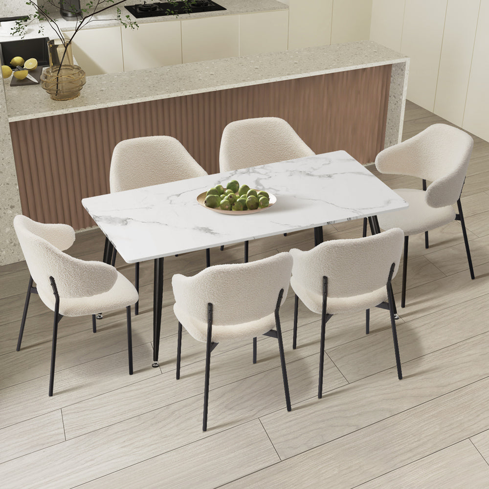 120cm Rectangle Dining Table Set with 6 Sherpa White & Grey Chairs for Dining