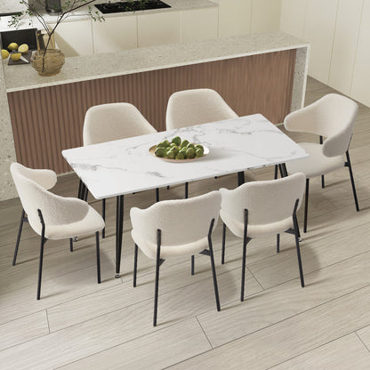 120cm Rectangle Dining Table Set with 6 Sherpa White & Grey Chairs for Dining
