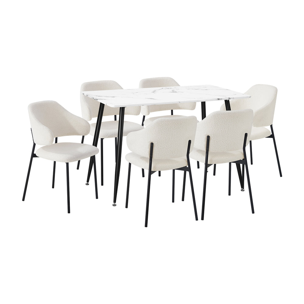 120cm Rectangle Dining Table Set with 6 Sherpa White & Grey Chairs for Dining