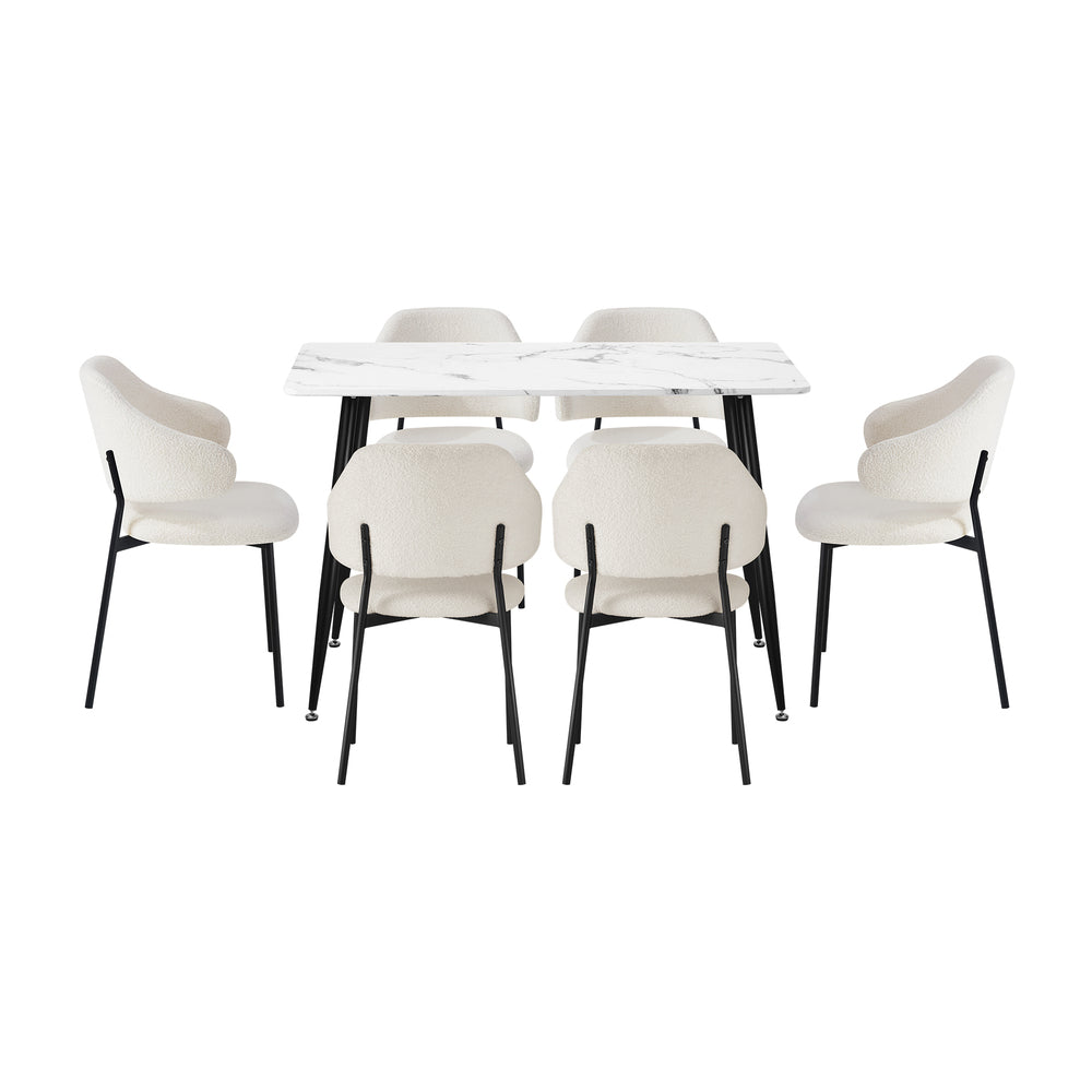 120cm Rectangle Dining Table Set with 6 Sherpa White & Grey Chairs for Dining