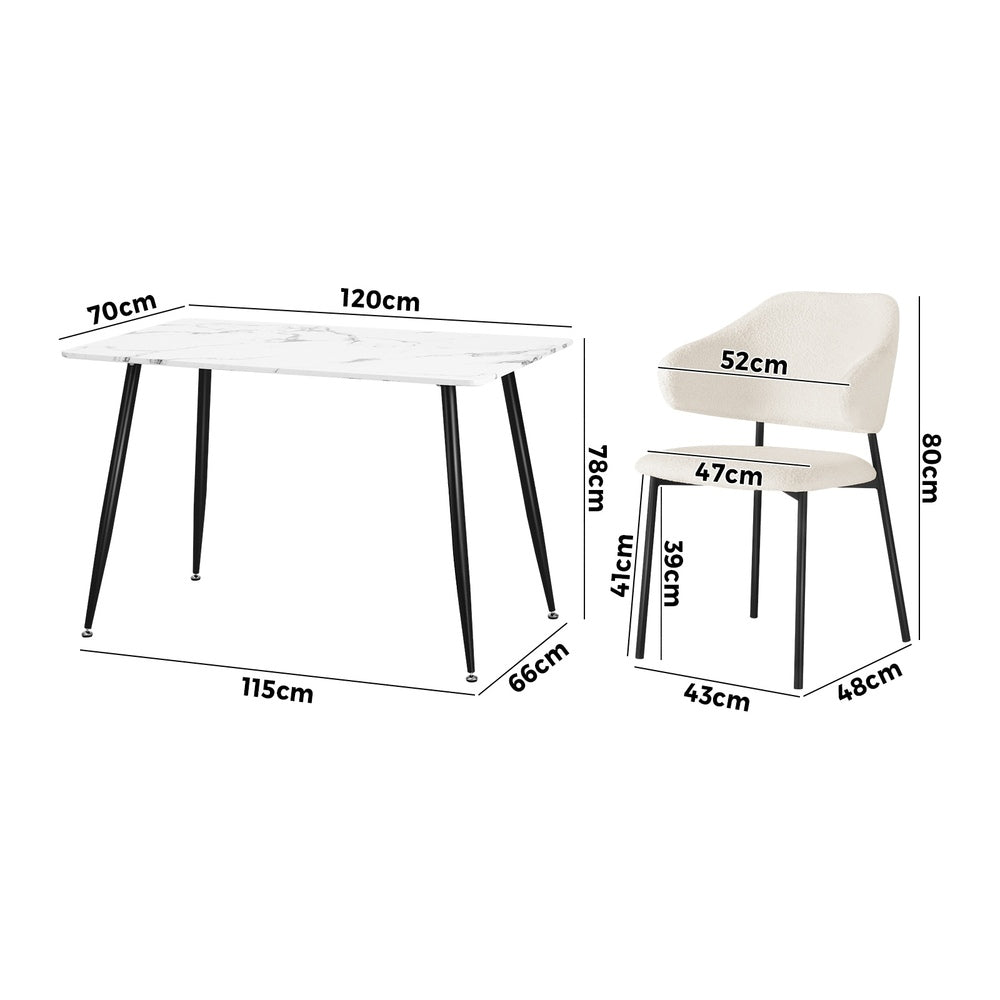 120cm Rectangle Dining Table Set with 6 Sherpa White & Grey Chairs for Dining