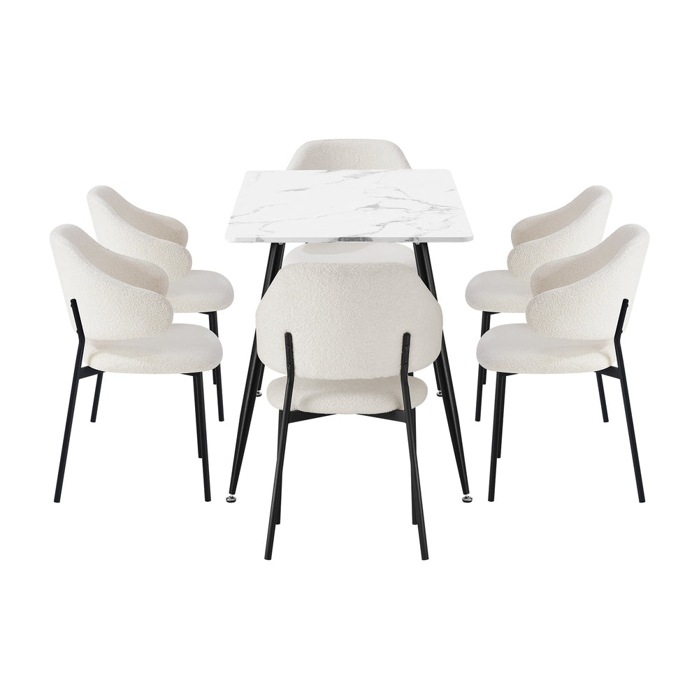 120cm Rectangle Dining Table Set with 6 Sherpa White & Grey Chairs for Dining