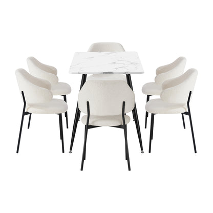 120cm Rectangle Dining Table Set with 6 Sherpa White & Grey Chairs for Dining