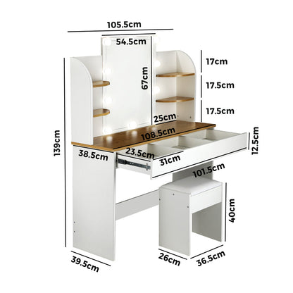 Dressing Table Stool Set with Makeup Mirror and 10 LED Bulbs-Black\White