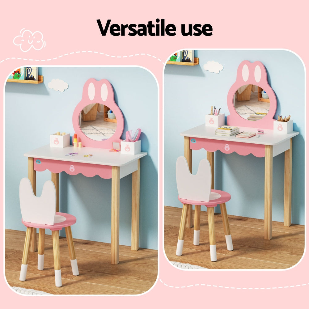 1 Set of Kids Dressing Table Wooden Bunny Pink