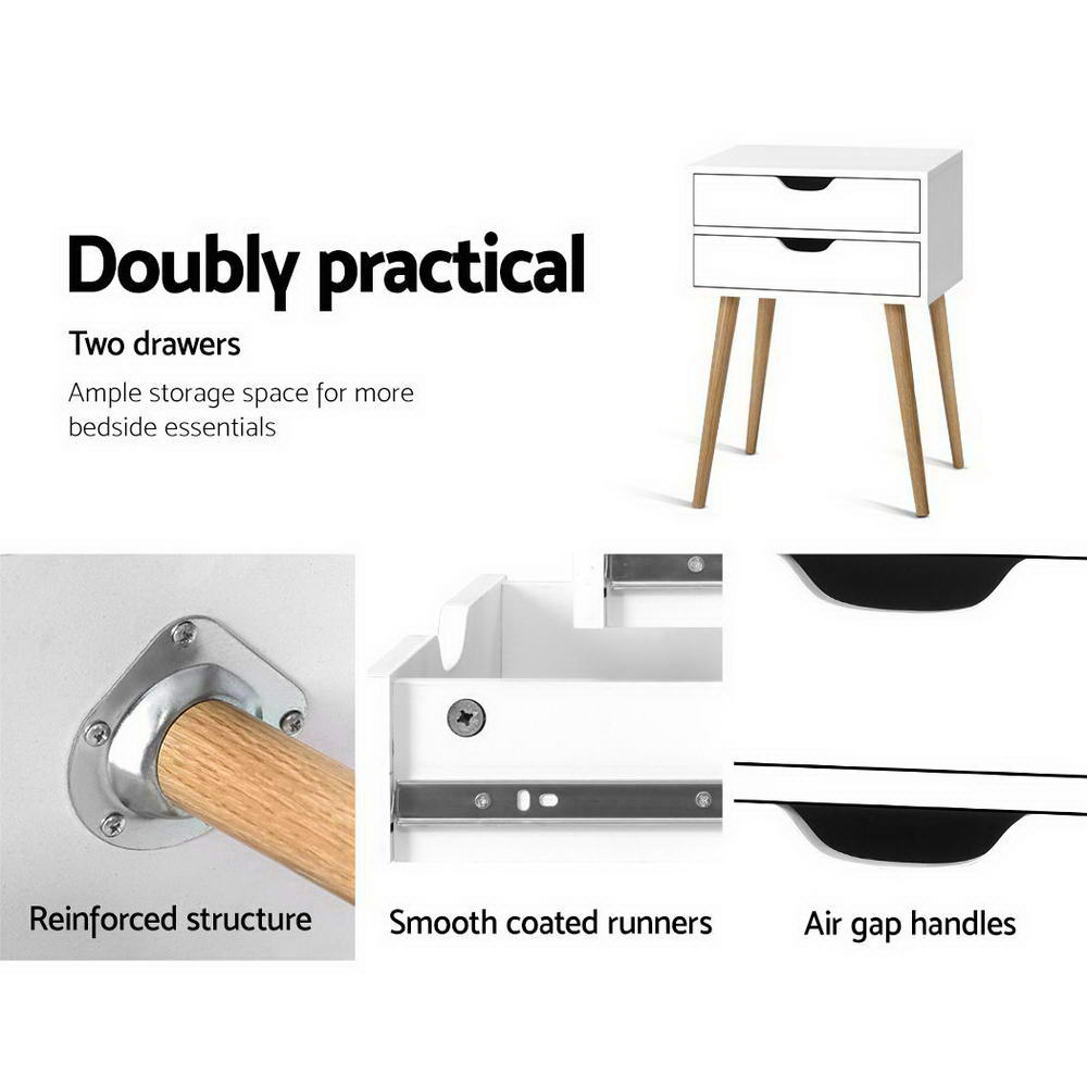 Bedside Table 2 Drawers - Bodie White