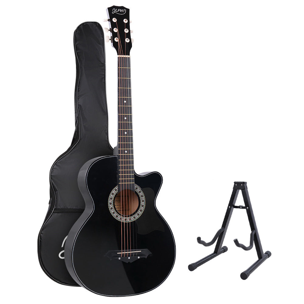38 Inch Acoustic Guitar Wooden Body Steel String Full Size W/ Stand Black