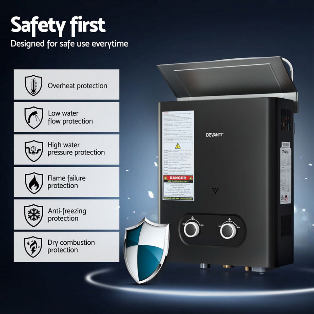 Portable Gas Water Heater 6L/Min Lpg System Black