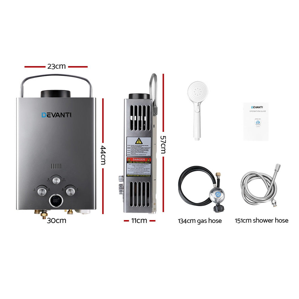 Portable Gas Water Heater 8L/Min Lpg System Grey