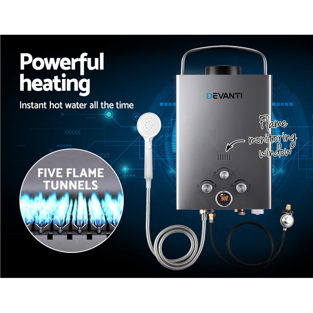 Portable Gas Water Heater 8L/Min Lpg System Grey