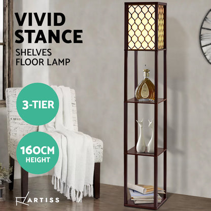 Floor Lamp 3 Tier Shelf Storage Led Light Stand Home Room Pattern Brown