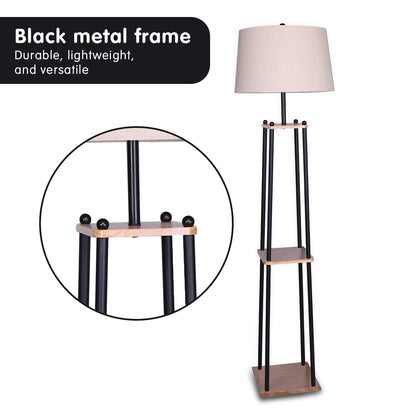 Metal Etagere Floor Lamp with Wood shelf & Cream Linen Fabric Shade