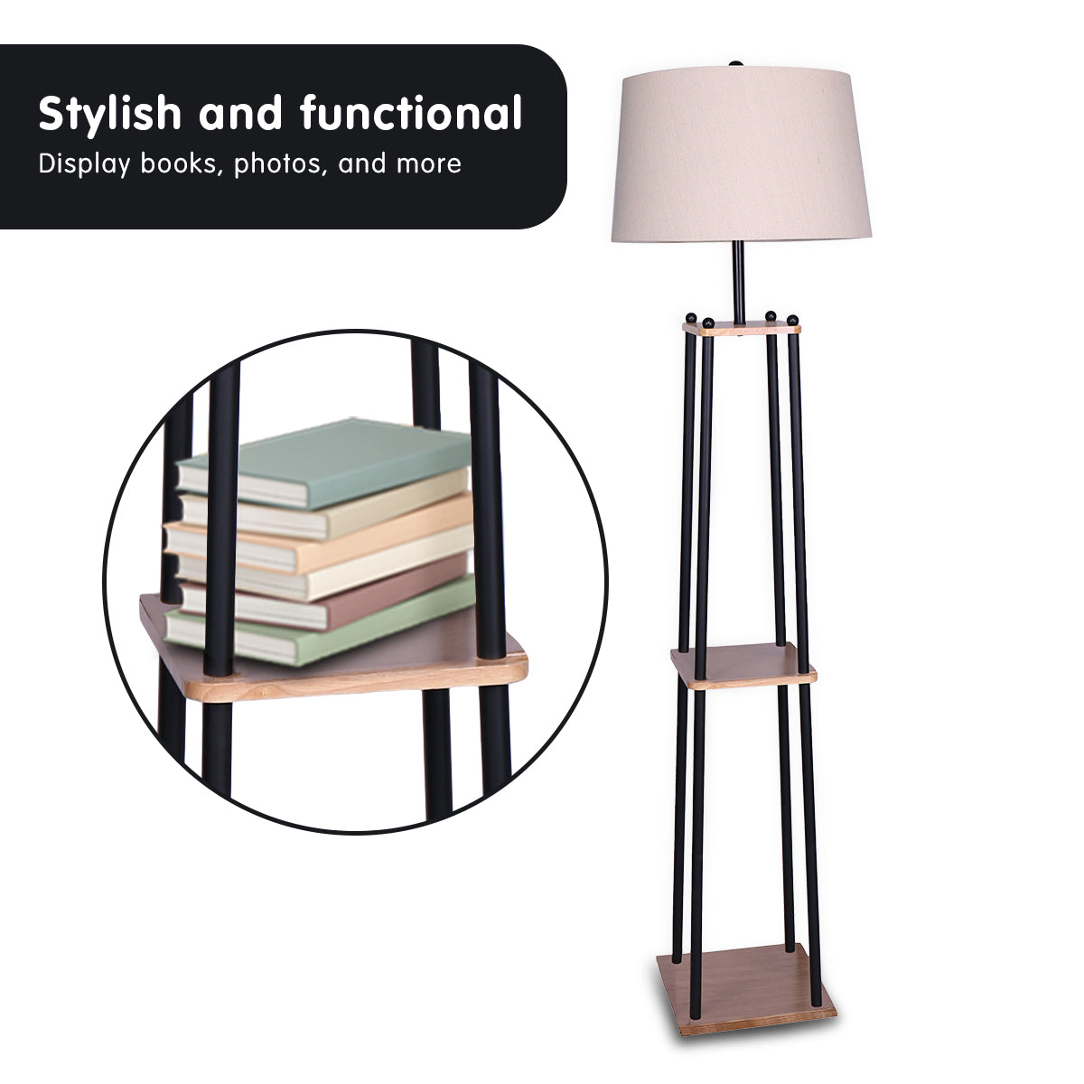 Metal Etagere Floor Lamp with Wood shelf & Cream Linen Fabric Shade