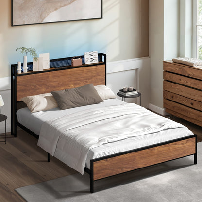 Metal Bed Frame Double & King Size with LED Headboard, USB Charging & Storage Drawers
