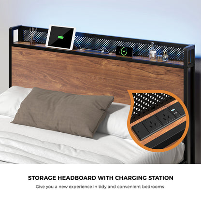 Metal Bed Frame Double & King Size with LED Headboard, USB Charging & Storage Drawers