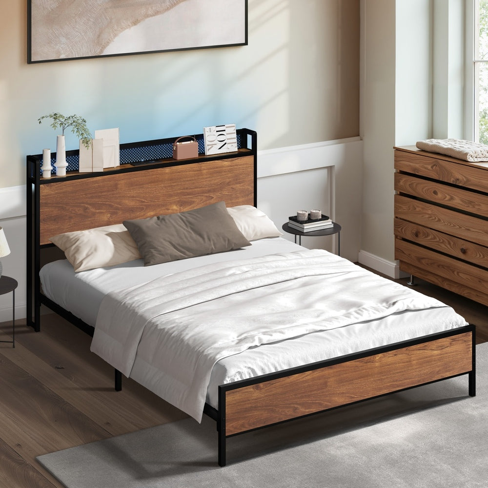 Metal Bed Frame Double & King Size with LED Headboard, USB Charging & Storage Drawers