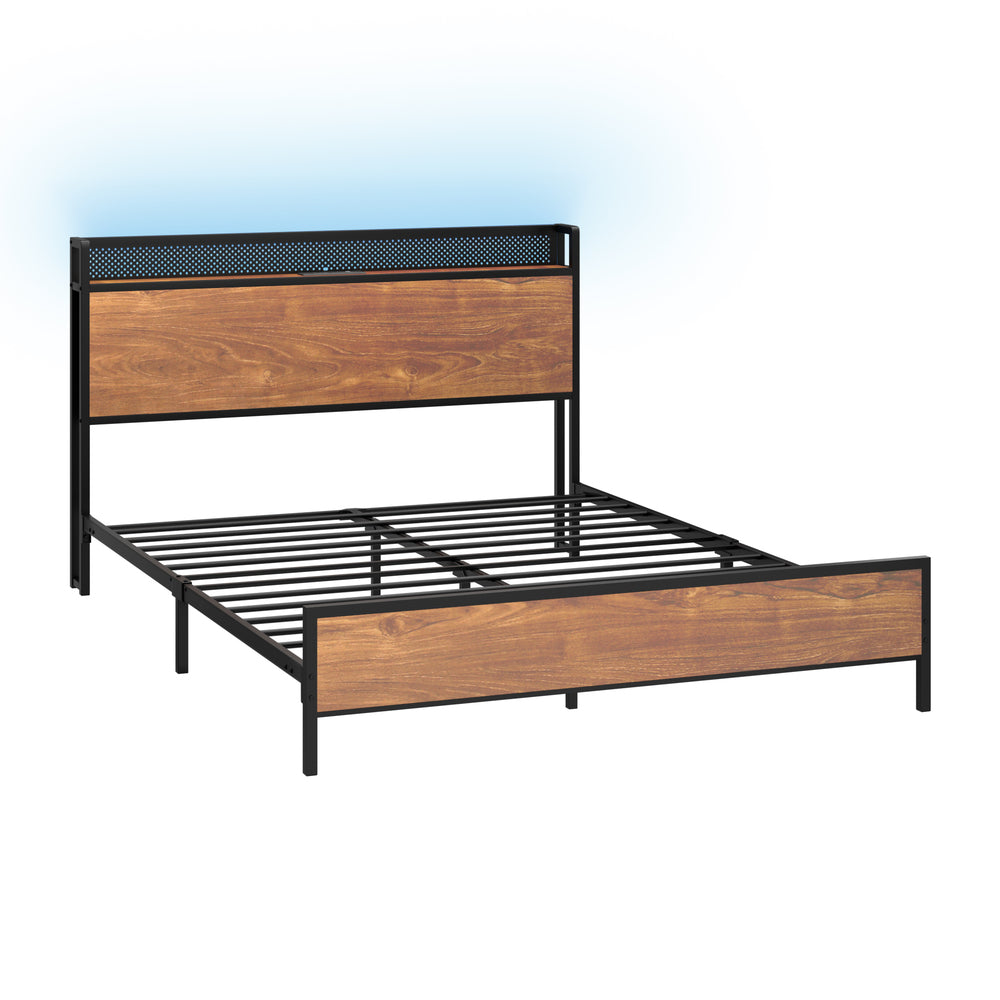 Metal Bed Frame Double & King Size with LED Headboard, USB Charging & Storage Drawers