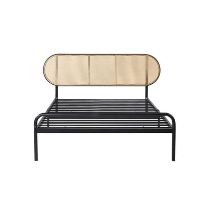 Bed Frame Metal Base Rattan Headboard