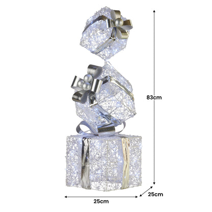83cm Triple Christmas Silver Giftbox Stack Display with Lights