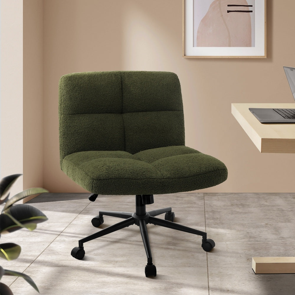 Armless Office Chair Wide Seat No Wheels Boucle White
