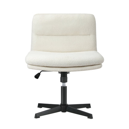 Armless Office Chair Wide Seat Boucle White with Wheels
