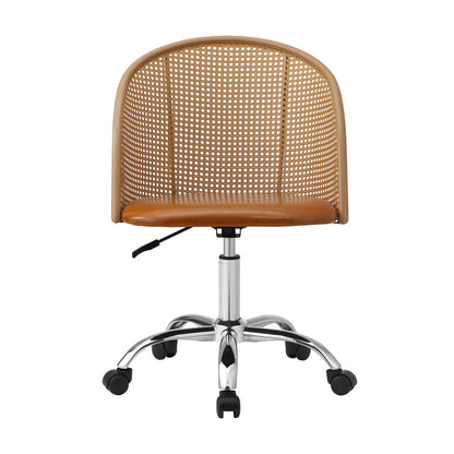Rattan Office Chair PU Leather Seat Light Brown