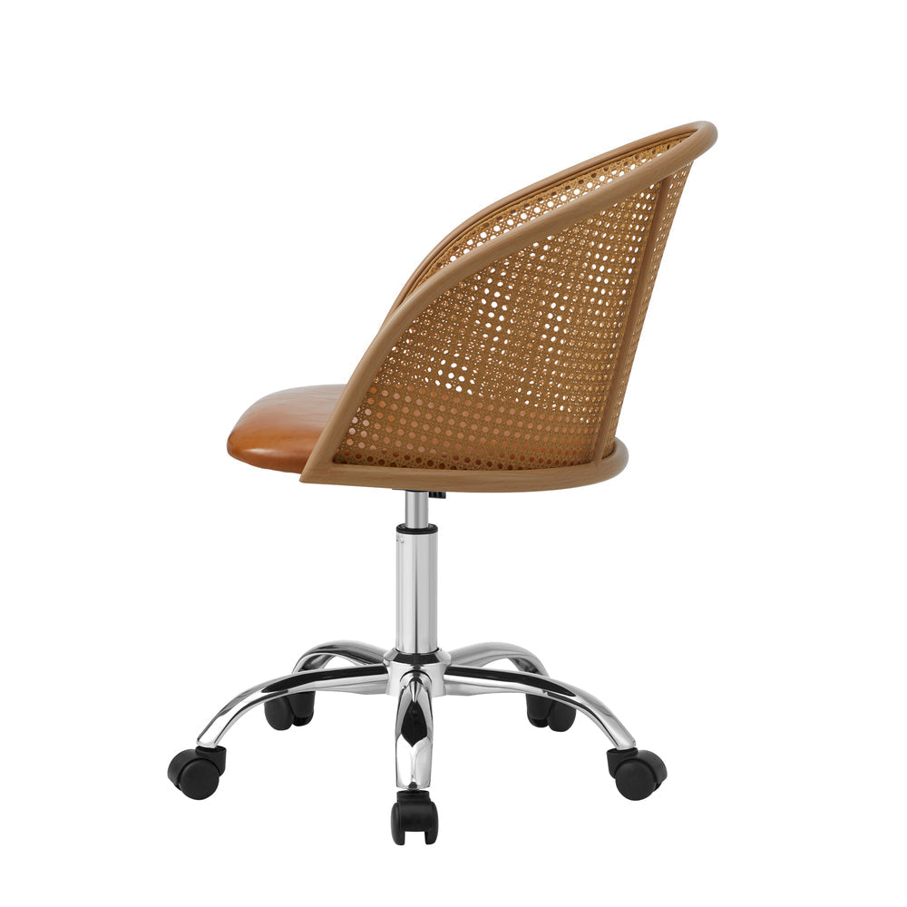 Rattan Office Chair PU Leather Seat Light Brown