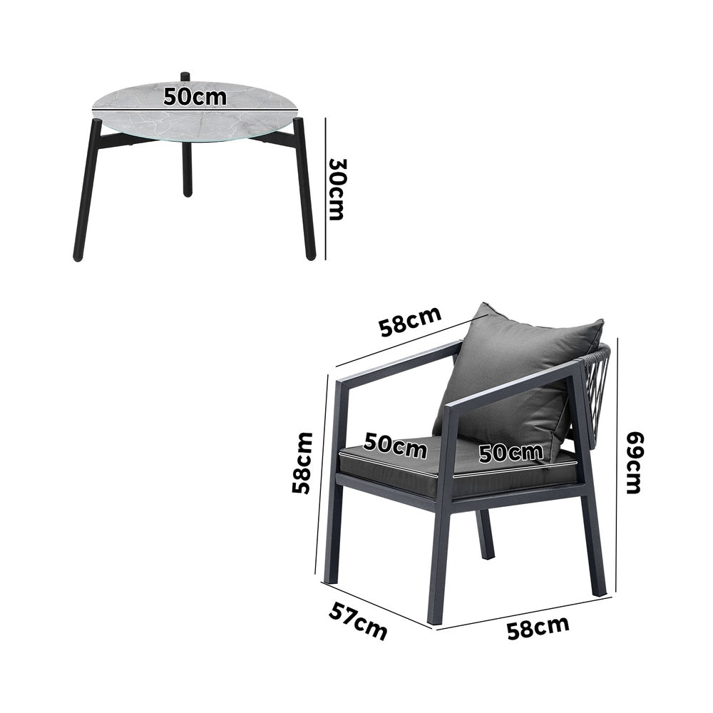 3PCS Outdoor Patio Set 70cm & 50cm Coffee Table Grey Chairs