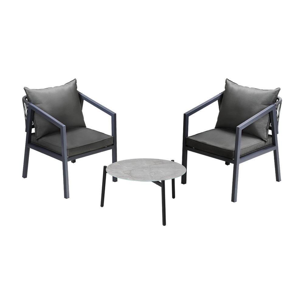 3PCS Outdoor Patio Set 70cm & 50cm Coffee Table Grey Chairs