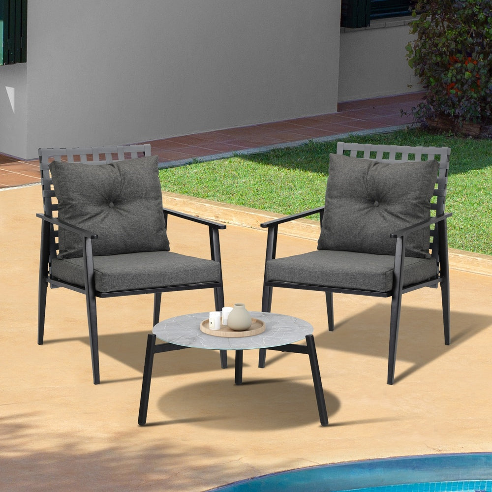 3PCS Outdoor Patio Set 50CM Grey Marble Table Rattan Chairs