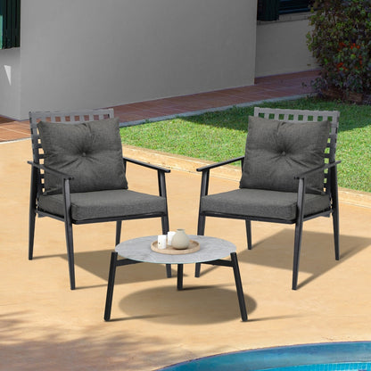 3PCS Outdoor Patio Set 50CM Grey Marble Table Rattan Chairs