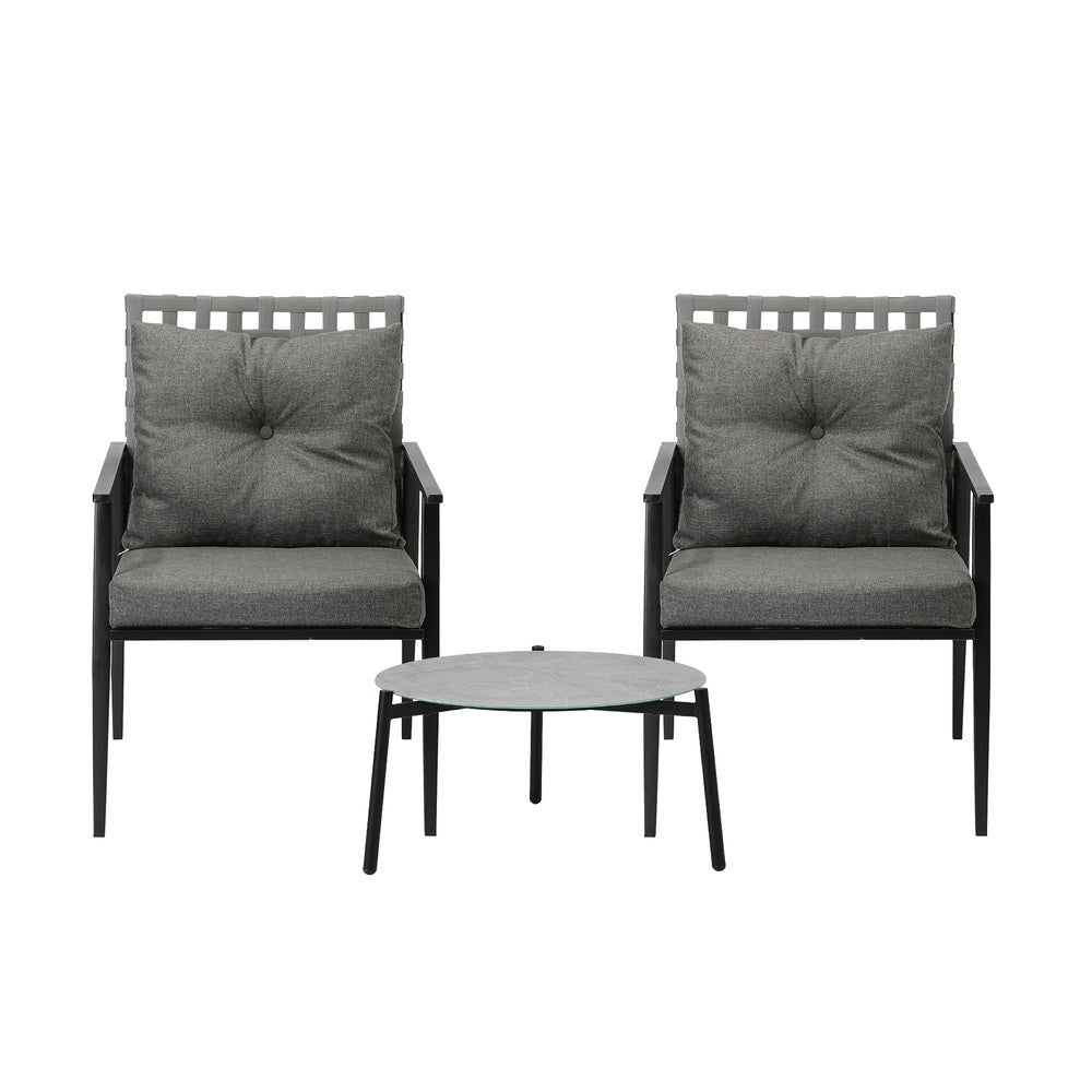 3PCS Outdoor Patio Set 50CM Grey Marble Table Rattan Chairs