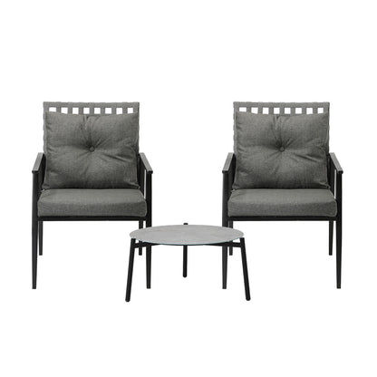 3PCS Outdoor Patio Set 50CM Grey Marble Table Rattan Chairs