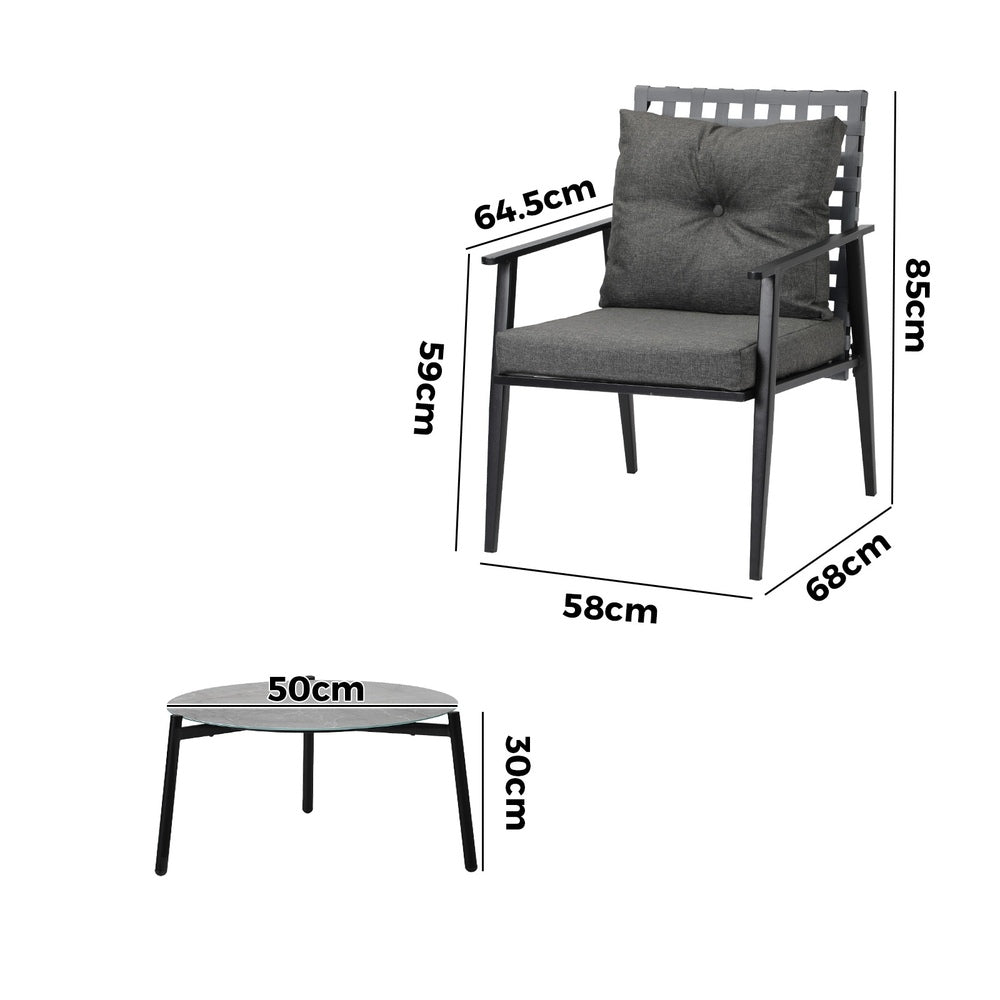 3PCS Outdoor Patio Set 50CM Grey Marble Table Rattan Chairs