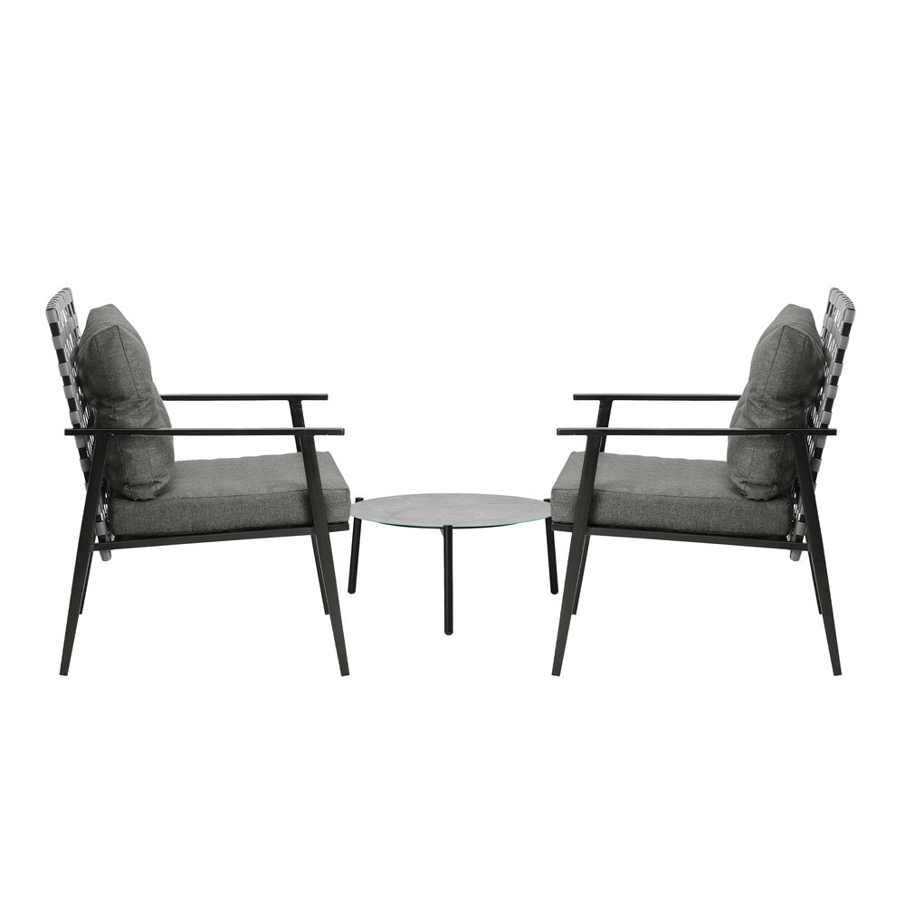 3PCS Outdoor Patio Set 50CM Grey Marble Table Rattan Chairs