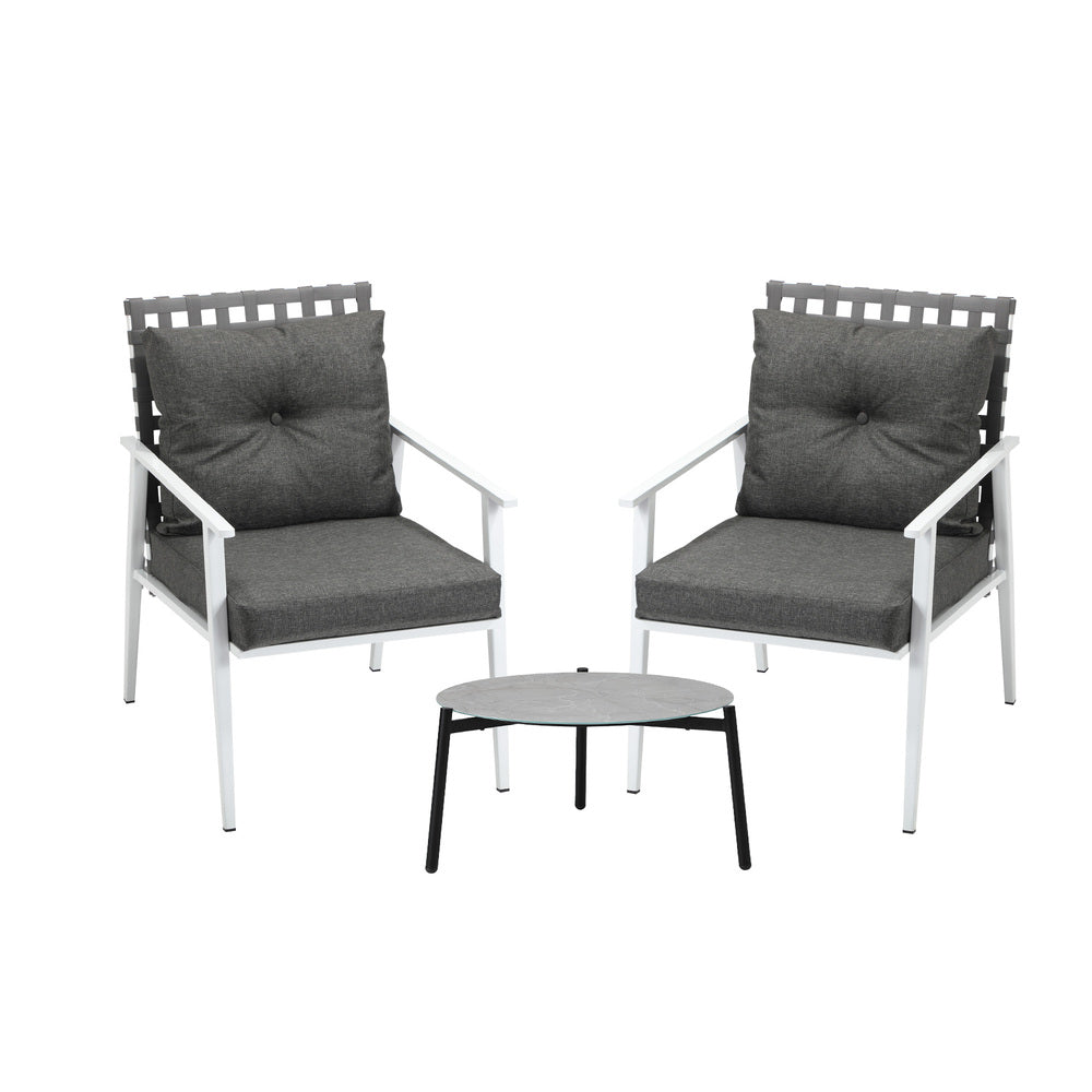 3PCS Outdoor Patio Set 50CM Grey Marble Table Rattan Chairs