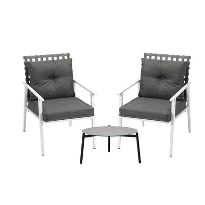 3PCS Outdoor Patio Set 50CM Grey Marble Table Rattan Chairs