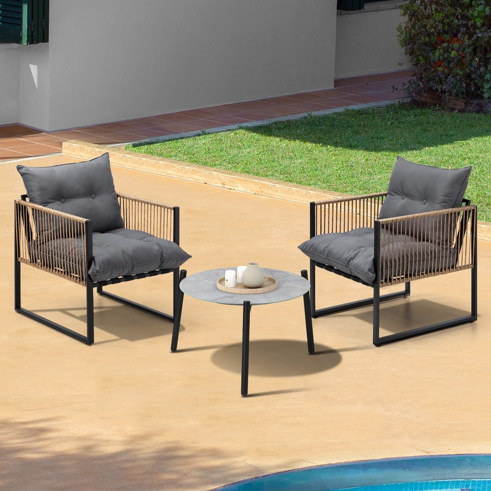 3PCS Outdoor Patio Set Grey & Black 50cm Coffee Table Rattan Chairs