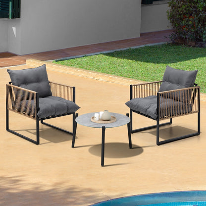 3PCS Outdoor Patio Set Grey & Black 50cm Coffee Table Rattan Chairs