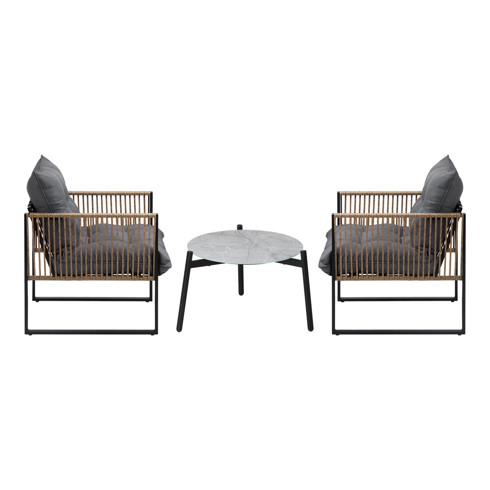 3PCS Outdoor Patio Set Grey & Black 50cm Coffee Table Rattan Chairs