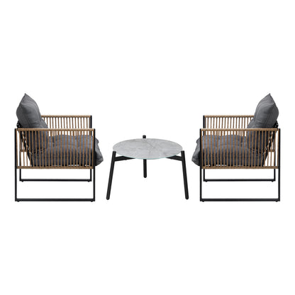 3PCS Outdoor Patio Set Grey & Black 50cm Coffee Table Rattan Chairs