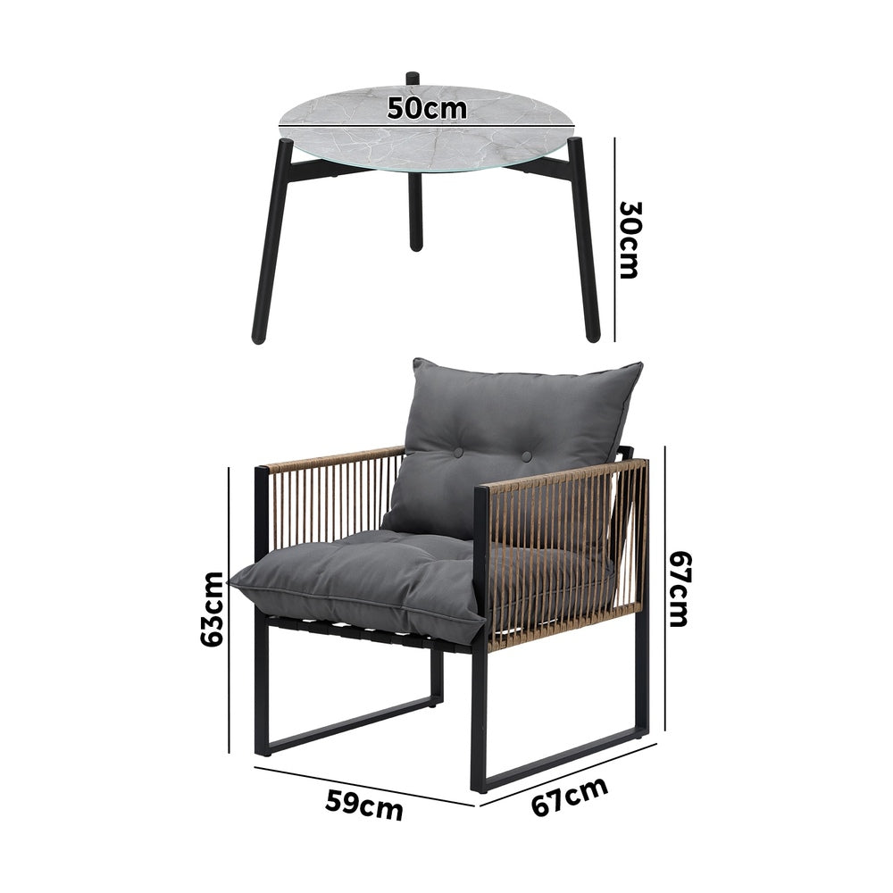 3PCS Outdoor Patio Set Grey & Black 50cm Coffee Table Rattan Chairs