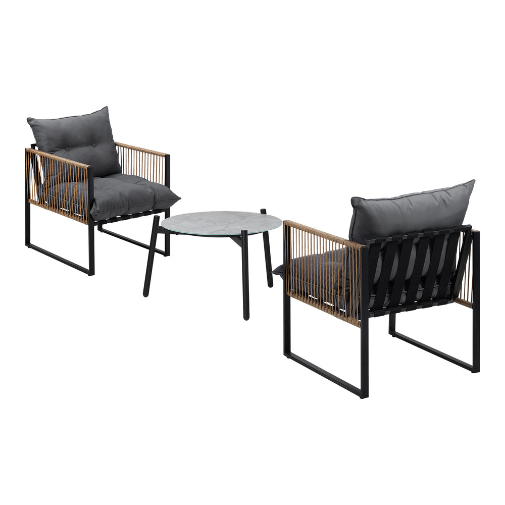 3PCS Outdoor Patio Set Grey & Black 50cm Coffee Table Rattan Chairs