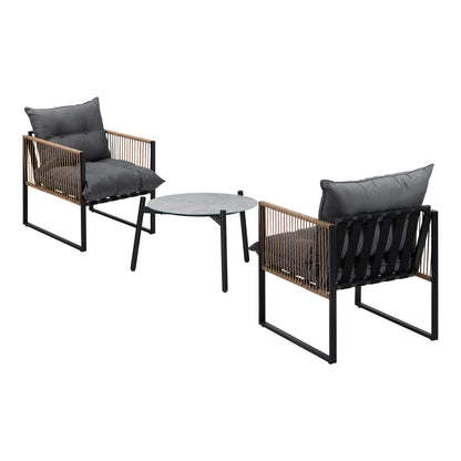 3PCS Outdoor Patio Set Grey & Black 50cm Coffee Table Rattan Chairs
